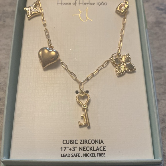 House of Harlow Gold Charm Cubic Zirconia Necklace Key 17” - Picture 3 of 4